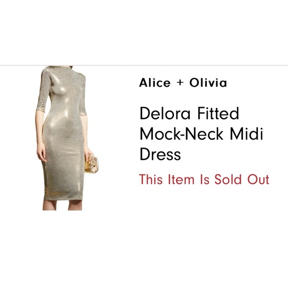 Alice + Olivia Delora Mock Neck Gold Fitted Midi Dress Size 4 Like New - Picture 4 of 14